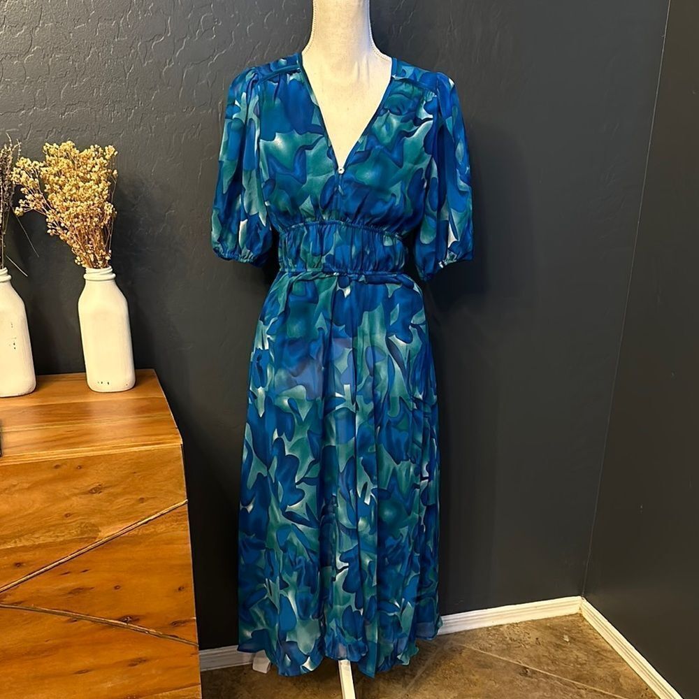 Blue Midi Dress‎ with Ruffled Tiered Skirt